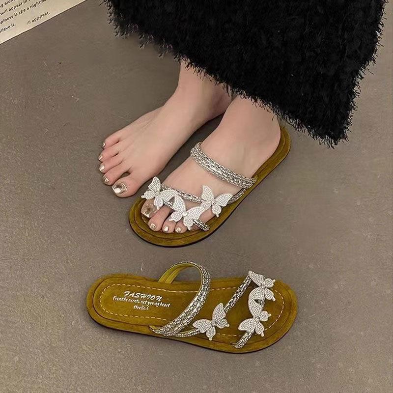 2025 Summer New Rhinestone Soft Sole Outer Wear Bow Flat Sandals Fairy Fairy Wind with Skirt Beach Slippers