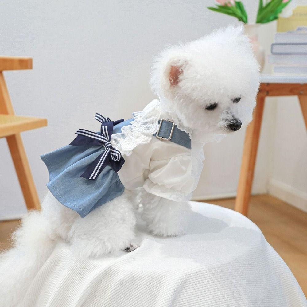 

With Bow Pet Denim Dress Reusable Pet Skirt Durable Dog Denim Skirt Spring XS