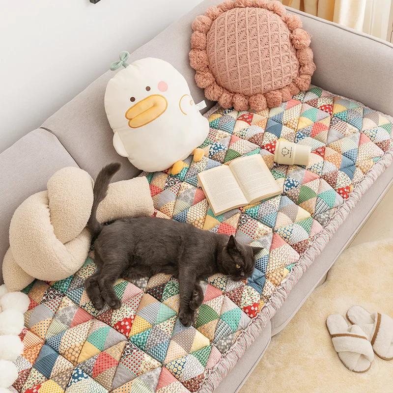 New Pure Cotton Non-slip Sofa Cushion Retro Pastoral Style Sofa Cushion Colored Anti Slip Thickening Anti Cat Scratch Sofa Cover