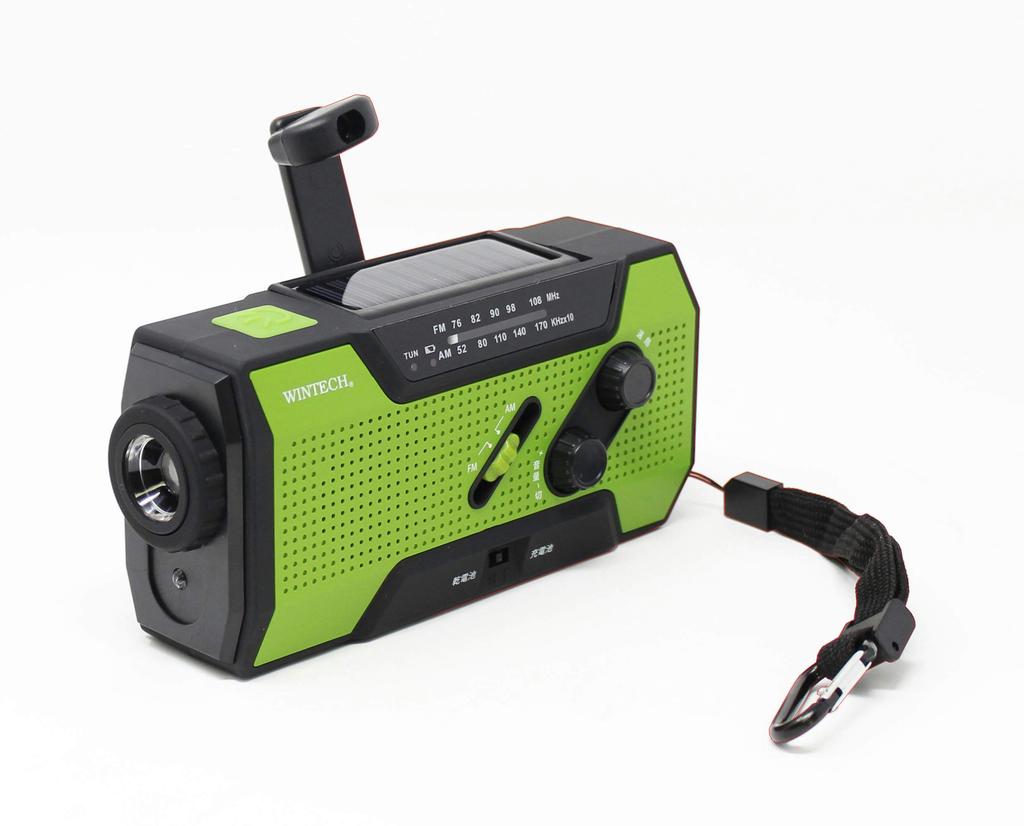 WINTECH Waterproof Portable Radio with LED Portable Charging USB Cable and Adapter Battery Solar Charging KDR-201CWP Hand-Crank FM/AM Light, Green,