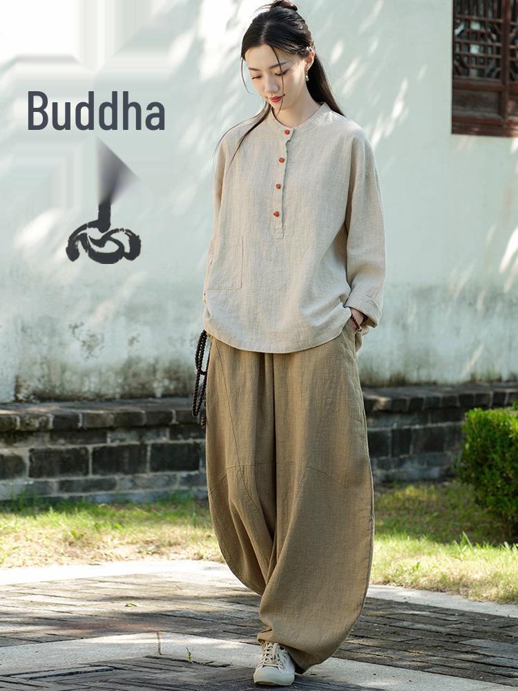 Women's Cotton Linen Zen Meditation Suit with Frog Button Shirt