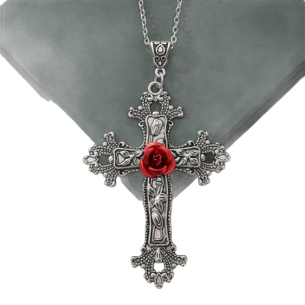Gothic Rose Cross Pendant Necklace With Alloy Lockbone Chain For Women