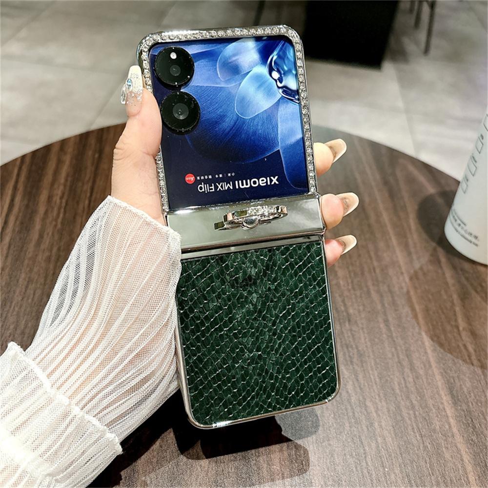 

For Xiaomi Mix Flip 5G Case Fish Scale Texture Ring Holder PC Rhinestone Phone Cover Green