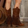 Womens Mid-Calf Boots Fashion Pointed Toe Thick Heel High Heeled Boots Fringes Design Fashion Boots Retro Rivet Mid-Calf Booties