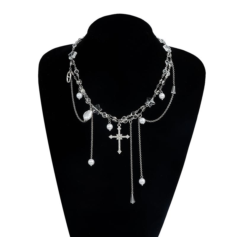 Fashion Shiny Crystal Pearl Cross Choker Necklaces for Women Creative Temperament Unique Charm Necklace Party Wedding Jewelry
