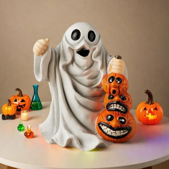 Halloween Ornament Ghost Hold Pumpkin Shape Statue Indoor Outdoor Display Statue Farmhouse Style Halloween Decoration