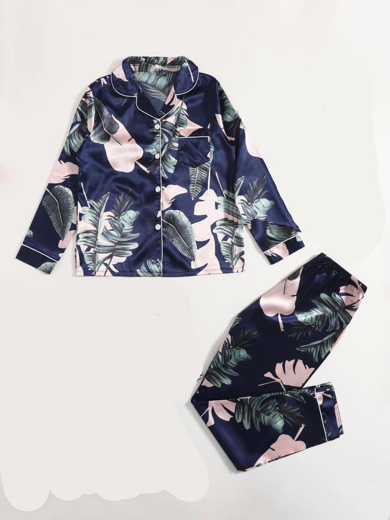 Loungewear für Damen im europäischen und amerikanischen Stil für Frühling und Herbst, bequemes Satin-Pyjama-Set, lässige 2-teilige bedruckte Homewear