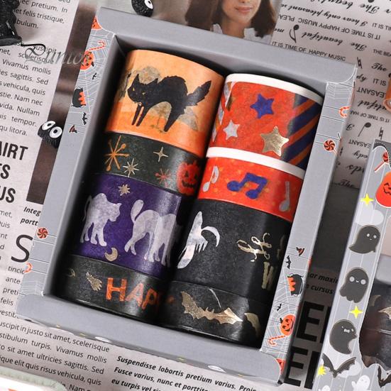 Thin Layering Washi Tape 8 Rolls Halloween Tape, Spooky Bat Witch Cat Pattern Decorative for Junk Journaling Supplies, Scrapbooking, DIY Crafts, Gift