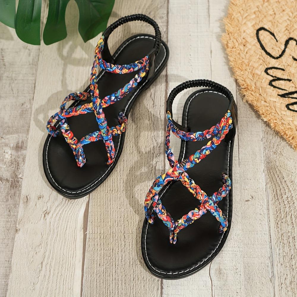 Sandali alla moda da donna bohémien con cinturino intrecciato, motivo floreale, vestibilità elastica, design open-toe, tacco piatto, tomaia e interno in tela, suola in gomma