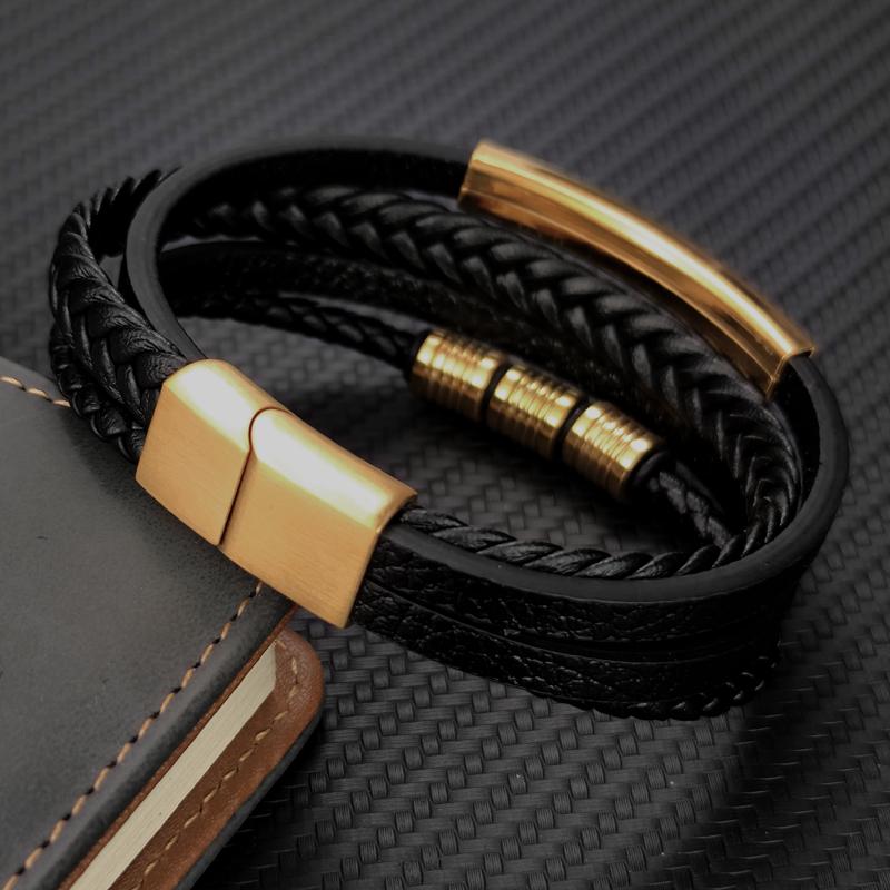 Stainless Steel Beads Luxury Charm Men Bracelet Magnetic Clasp Braided Mutilayer Leather Wrapping Punk Bangles Man Jewelry Gift