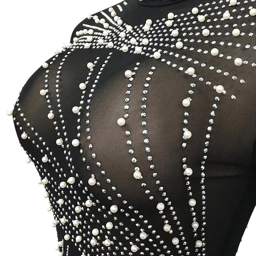 European & American Sexy Mesh See-Through Nightclub Dress with Bead Tassels and Long Sleeves