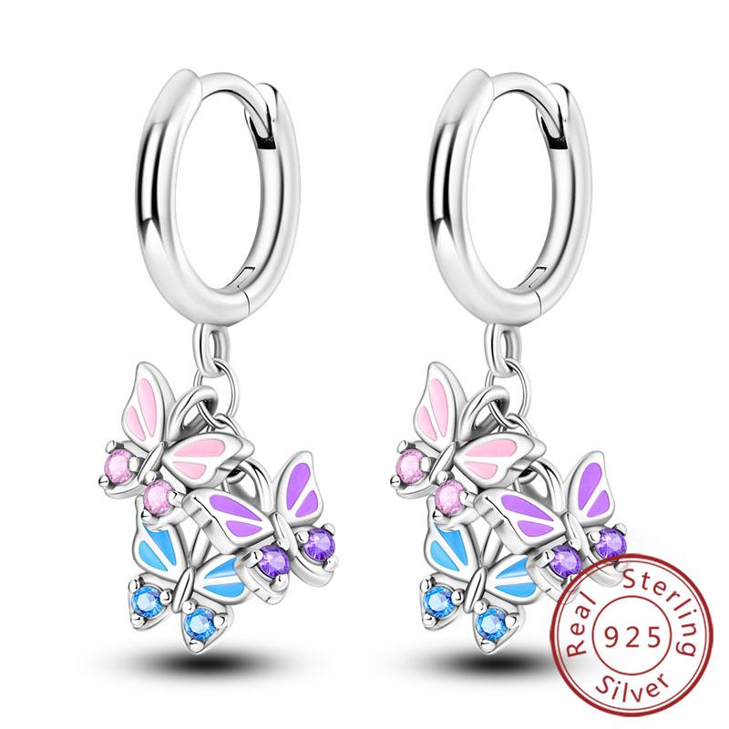 New 925 Silver Hoops Earrings Colorful Flower Butterfly Bee Drop Earring For Women Birthday Party Fashion Jewelry Gifts