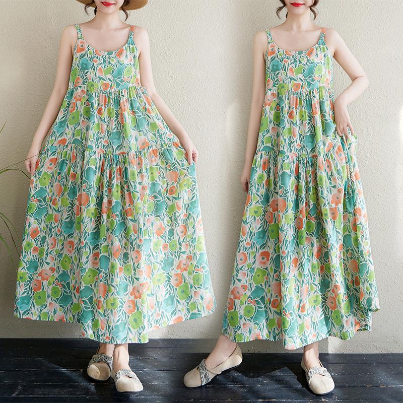 2025 Summer Cotton Linen Patchwork Long Dress: Slimming, Loose Fit, Printed, Large Hem