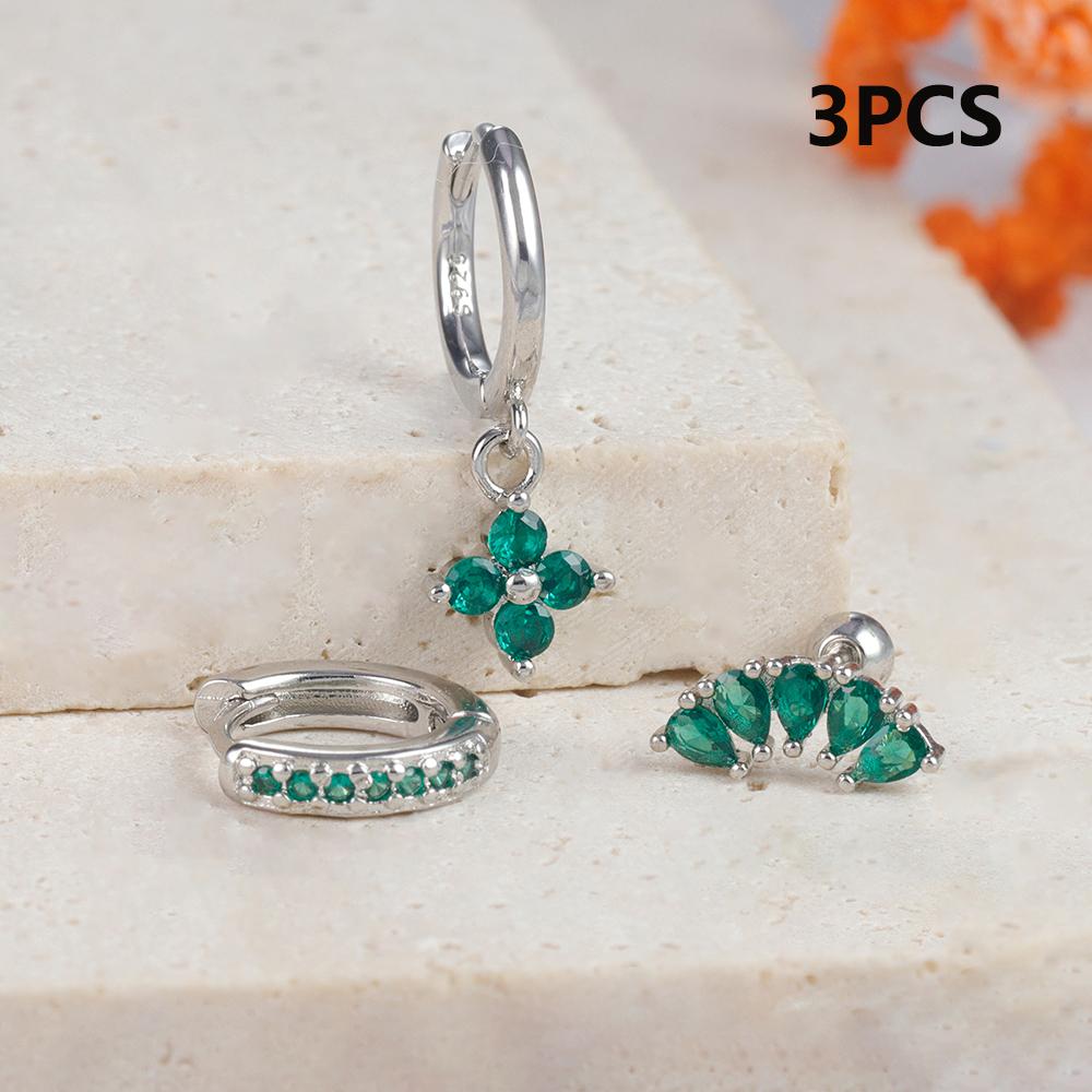 3PCS Green Zircon Flower Hoop Earrings Women Tiny Stainless Steel Round Circle Cartilage Piercing Earring Fashion Jewelry Sets