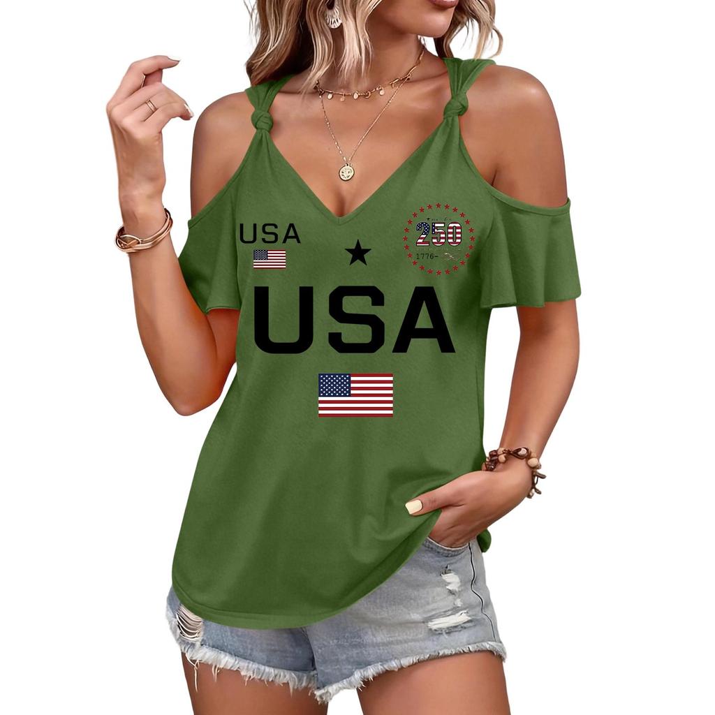 Women Casual Cold Shoulder Short Sleeve T Shirt USA Print 250th Anniversary Graphic Tee with Tie Strap Round Neck Top for Summer