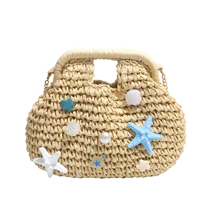 Beach Vacation Straw Bag With Shell Shape And Chain Strap For Summer Resort Wear
