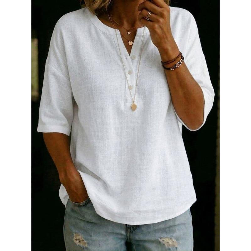QICED Women's Fashion Casual Solid Color Print V-Neck 1/2 Sleeves Blouses & Shirts
