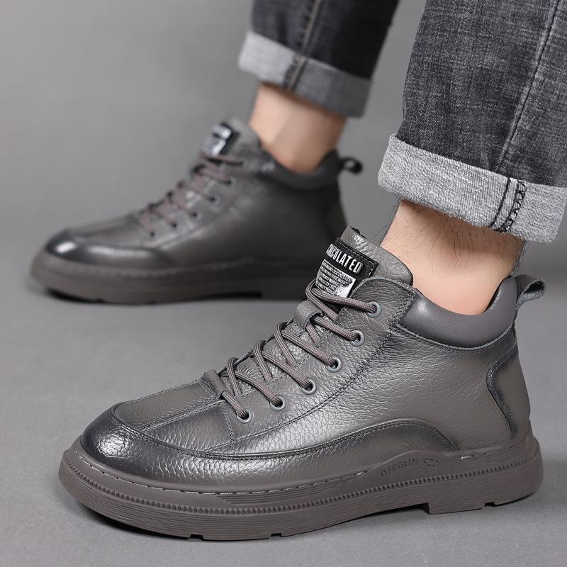 Winter new men's cotton shoes leather wool warm men's shoes high-top casual velvet men's leather shoes