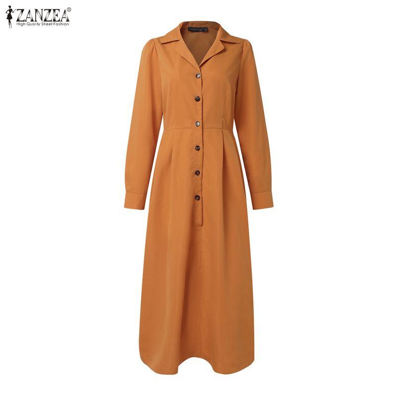 ZANZEA Lässiges Damen-Kleid mit Umlegekragen und langen Ärmeln