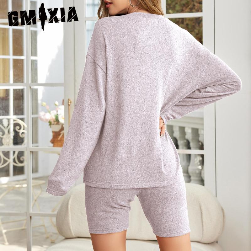 GMXIA Fashion Casual Sportswear Pajamas Women Spring and Autumn Models Solid Colour Long-sleeved Shorts Two-piece Homewear