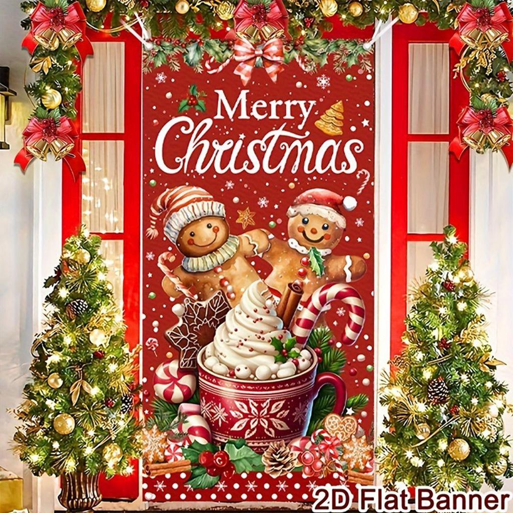 Christmas Door Cover, Red Pattern, Christmas-themed Background Decoration, Suitable For Winter Party Supplies.