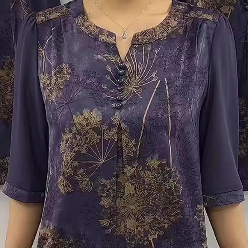 

Жіноча футболка з V-подібним вирізом та візерунком лотоса на весну/літо 2024 року - з довгим рукавом/рукавом три чверті M (85-100 jin) фіолетовий