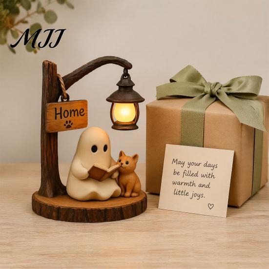 Holiday Ghost Figurine Halloween Reading Figurine, LED Light-up Street Light Resin Cat Statue Statue, Desktop Decoration for Party