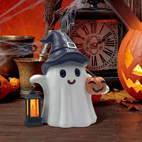 Ghost Statue Solar/Battery-Powered Weather Resistant Resin Whimsical Ghost Pumpkin Design Ornament Halloween Decor
