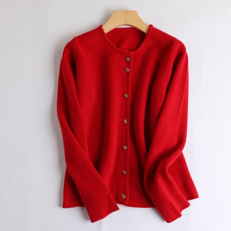 Women's Round Neck Wool Cardigan - Autumn/Winter Solid Color, Versatile & Temperament, Seven-Needle Thick Knit Sweater