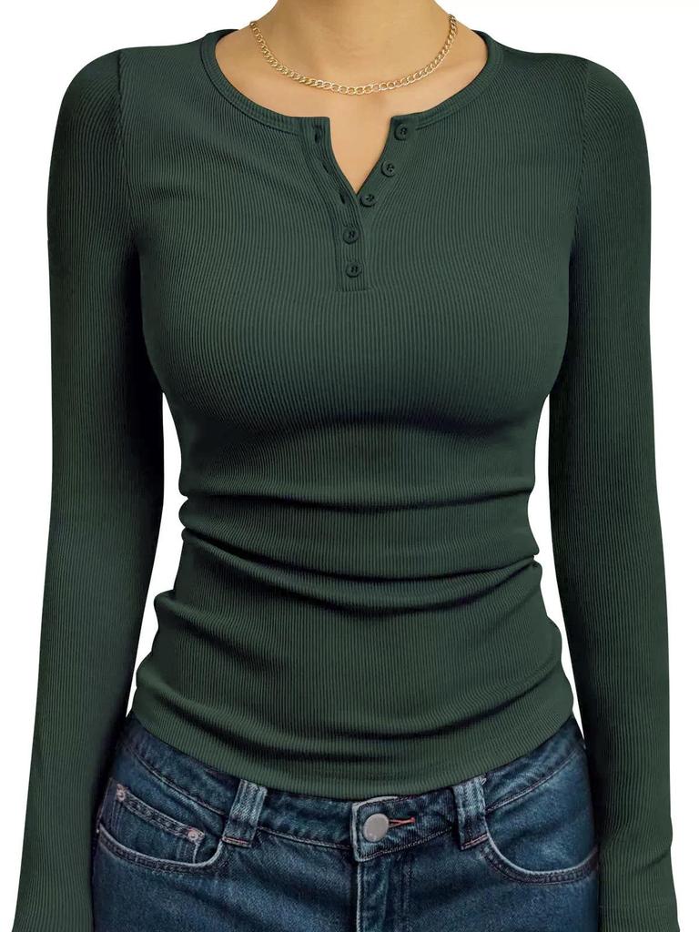 Women's Slim Fit Ribbed Henley Long Sleeve T-Shirt for Autumn
