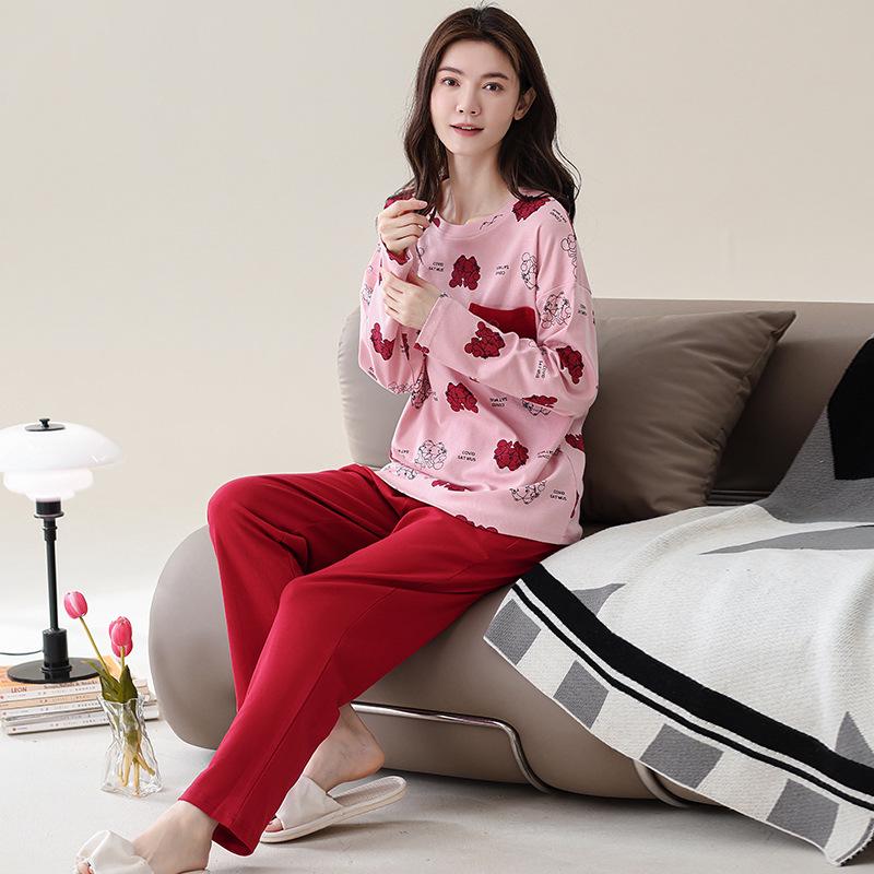 Women's Korean-Style Pure Cotton Printed Long Sleeve Pajama Set for Autumn/Spring