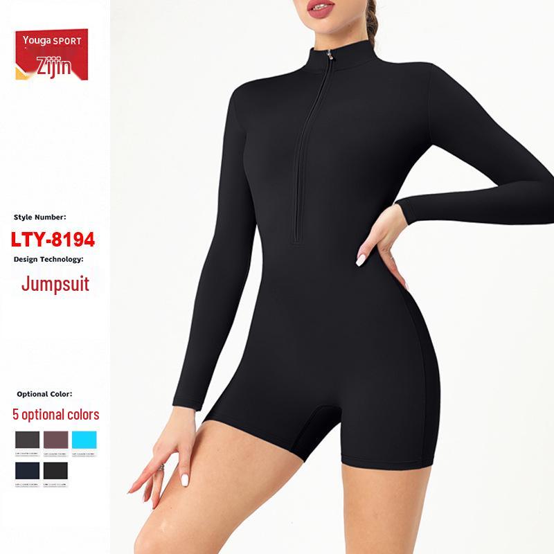 Women's Sexy Open-Neck Zipper Jumpsuit, Long-Sleeved Yoga Fitness Bodysuit