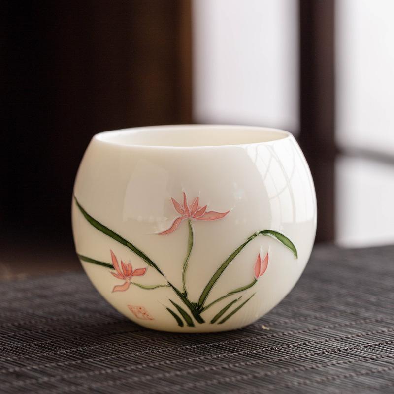 Hand Drawn Relief Sheep Fat Jade High End Ceramic Tea Cup Single Cup