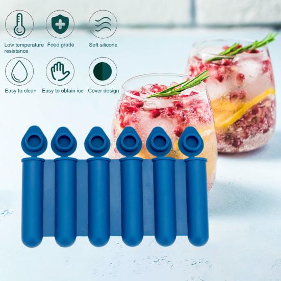 Ice Stick Mold Dustproof Lid 6 Cavities Food Grade Easy Release BPA Free DIY Reusable Bottled Beverages Silicone Ice Cube Mold Kitchen Supplies