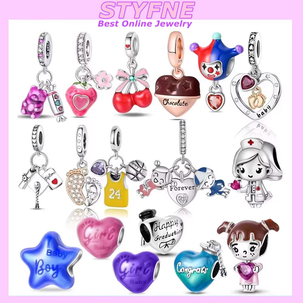 Exquisite Pendants Woman New Original Copper Pink Cherry Heart Star Footprint Charms Beads Fit Bracelet Jewelry Diy Gifts