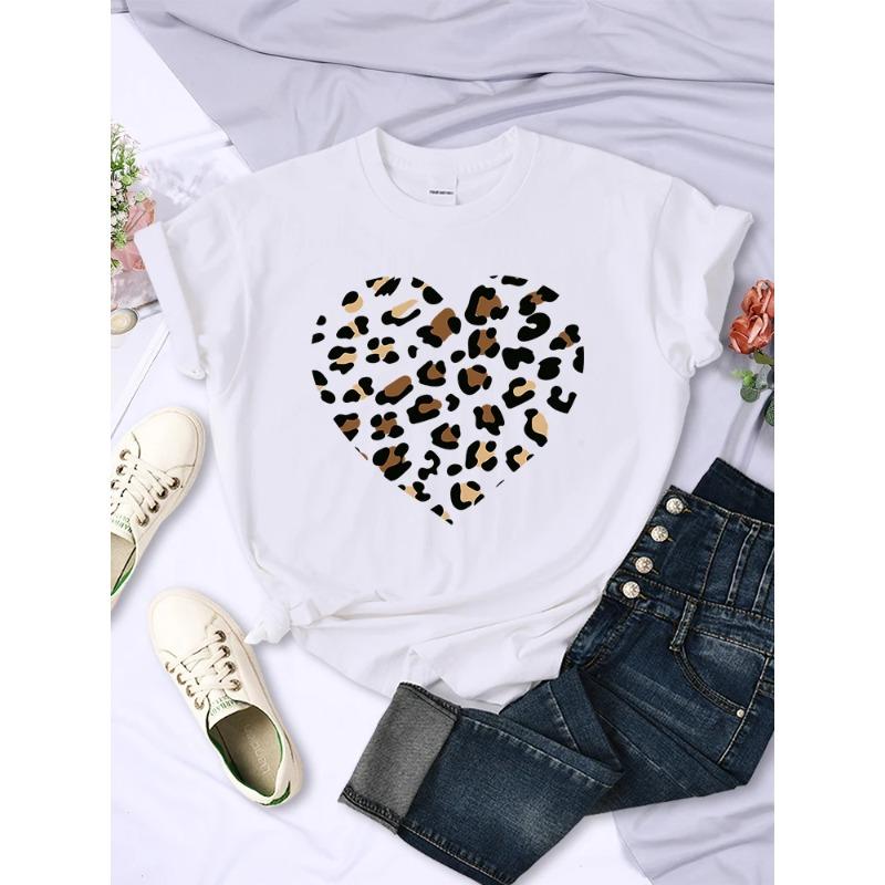 Sommer Rundhals 3D Leopard Herz Print Top Modische Lässige Kurzarm Damen T-Shirts