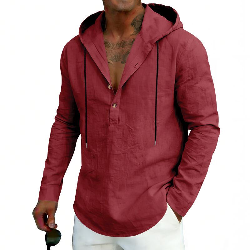 New Men’s Linen Plus-size Hooded Long-sleeved Top – Casual Plain-colour Hoodie