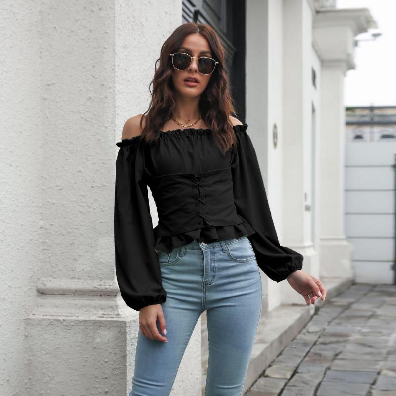 Off Shoulder Hot Style Front Straps Women Blouse Long Sleeve Slim Waist Pleated Short Top Elegant Casual Shirt New Solid Color Ruffled Clothng