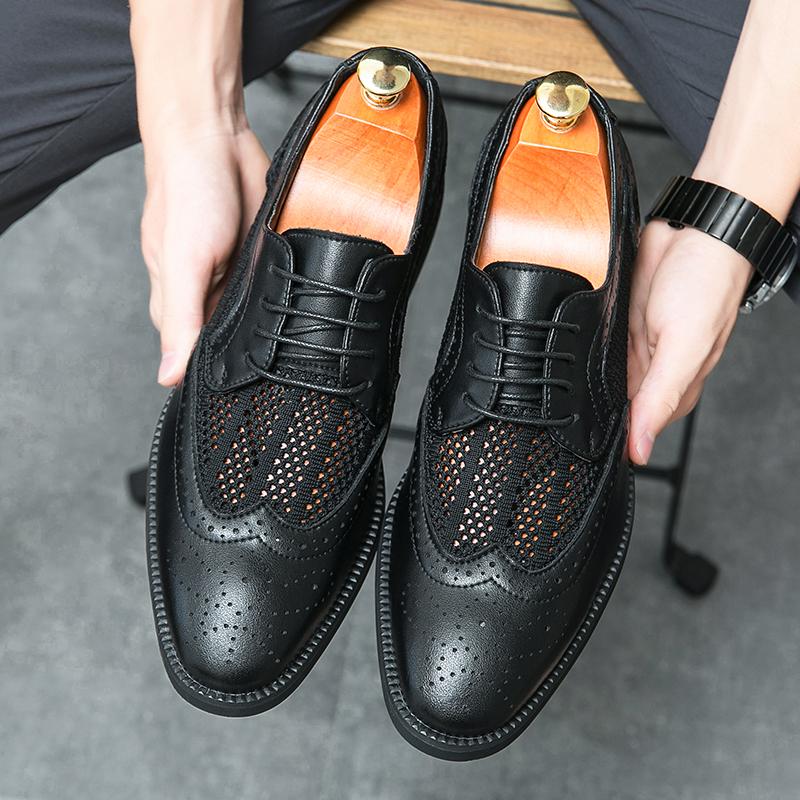 Britain Men Pointed Black Breathable Mesh Patchwork Casual Dress Homecoming Brogues Shoes Male Formal Wedding Oxfords Footwear