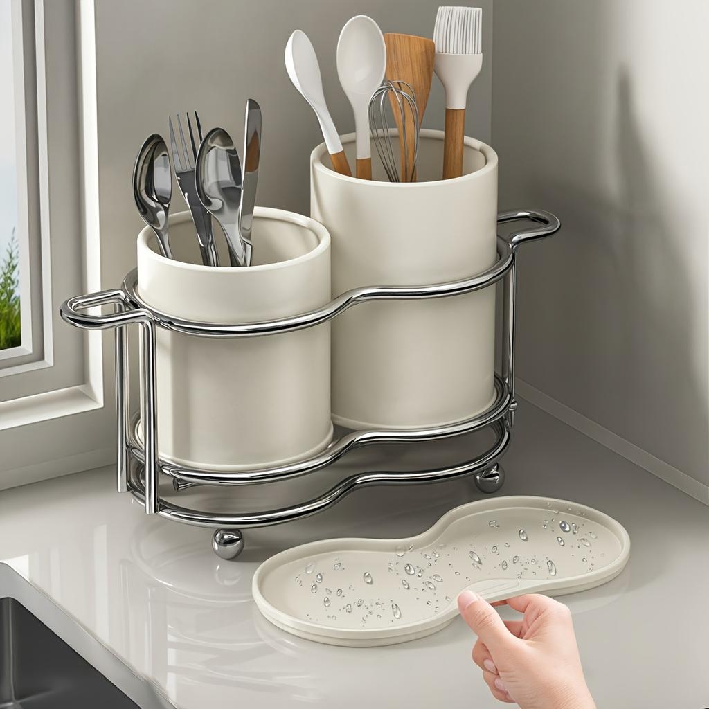 2-Compartment Cutlery Holder with Metal Frame, Kitchen Utensil Organizer for Countertop, Silverware Storage Tray with Dividers