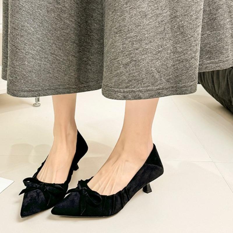 French Bow Pointed Toe Suede Stiletto Single Shoes Women's Fall 2026 New High Heels