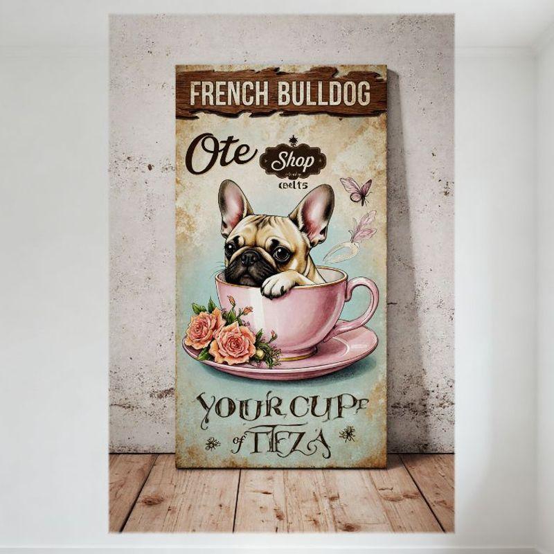 

French Bulldog Puppy in Pink Teacup Rustic Metal Tin Sign Vintage Wall Decor for Home Cafe Bar Shop Decoration 20x30cm（7.8x11.8inch）