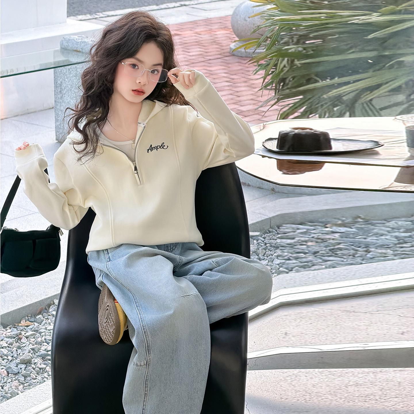 

Girls 2026 Spring Set: Stylish Half-Zip Sweatshirt & Casual Jeans for Older Kids 160cm