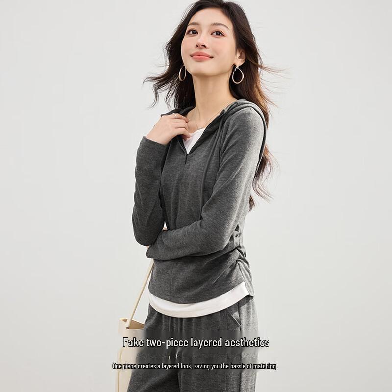 Handu Yishe Women's Hooded Faux Two-Piece Slimming Sweatshirt