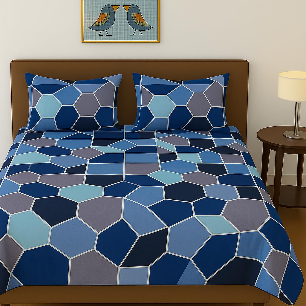 120 TC Çift Çiçek Desenli Nevresim Takımı (2 Yastık Kılıflı) | 110 GSM Yumuşak Fırçalanmış Mikrofiber (86 X 88 İnç, Mavi & Gri & Su Yeşili)