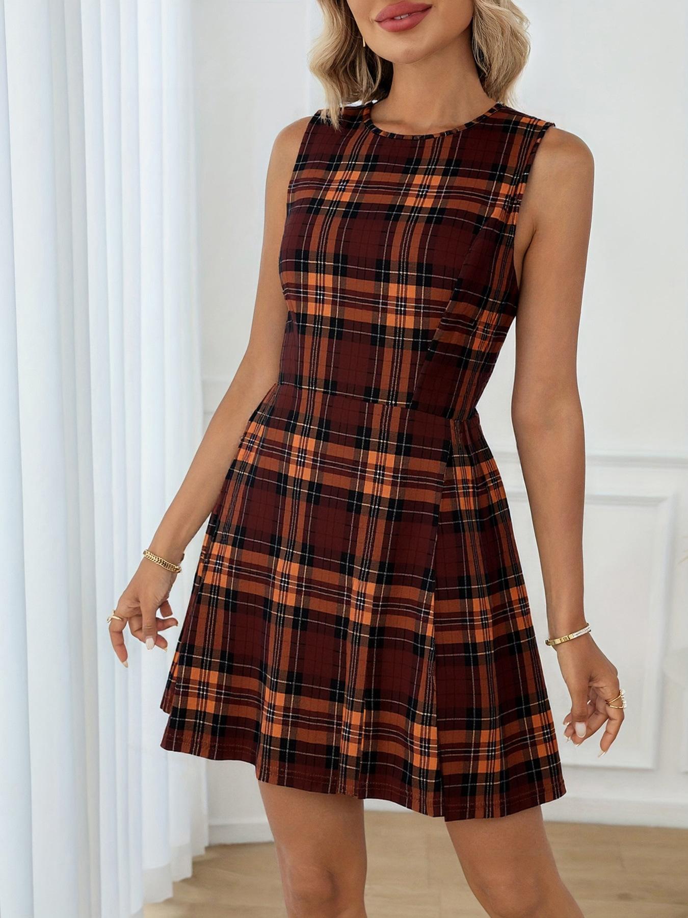 Women Sleeveless Plaid A-Line Midi Dress Brown Orange Checkered Casual Dress S красный