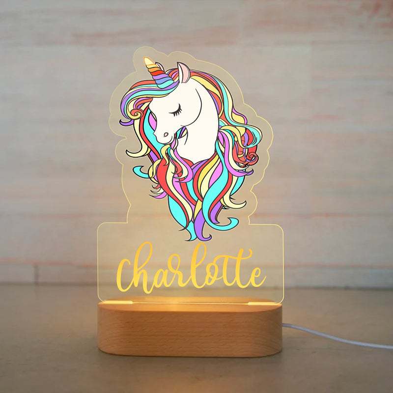 Personalized Rainbow Unicorn LED USB 7 Colors Night Light Custom Name Acrylic Lamp Wood Base For Baby Kid Children Bedroom Decor