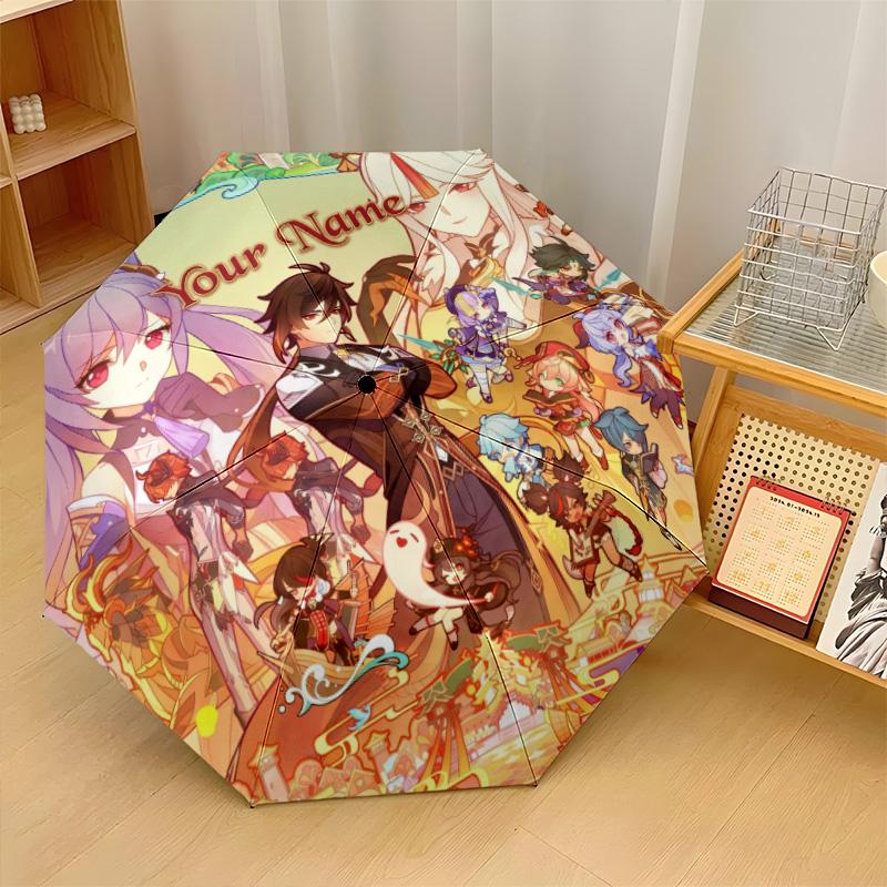 Custom Text Automatic 8 Bone Umbrella, Portable Sun Rain Protection UmbrellaGenshin Impact