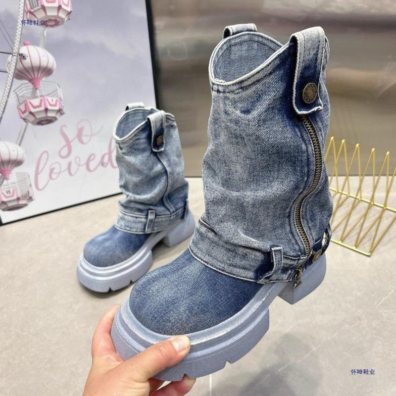 Women's Round Head Cowboy Boots Fashion Thick Sole Side Zipper Women's Casual Ankle Boots Trendy Classic Cowboy Platform Boots