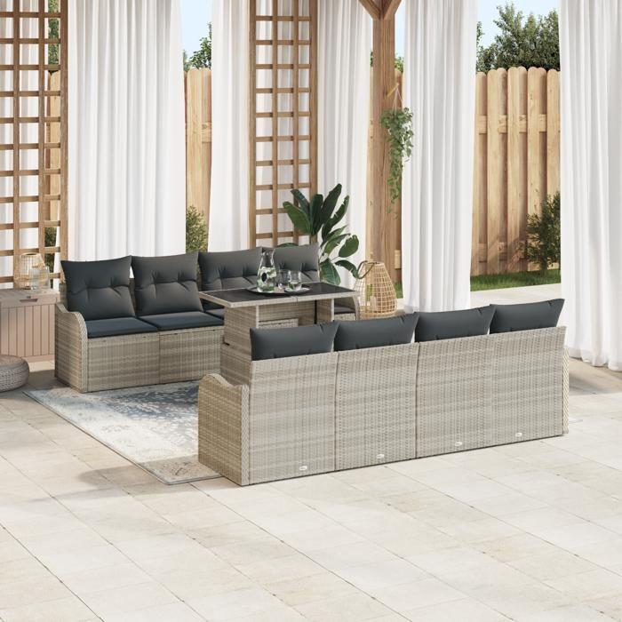 Ensemble de canapé de jardin 9 pièces avec coussins en poly rotin gris clair, Canapé de jardin deux places avec coussins 3348428